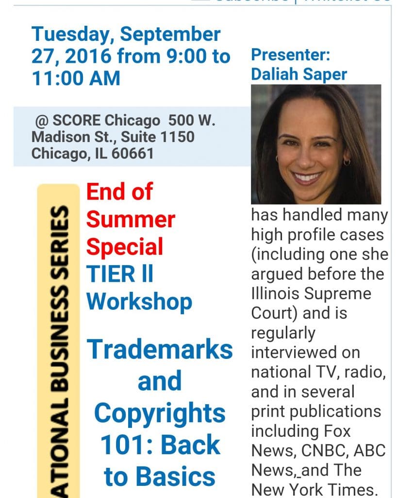 Daliah Saper speaking about Trademarks and Copyrights  — at SCORE Chicago.